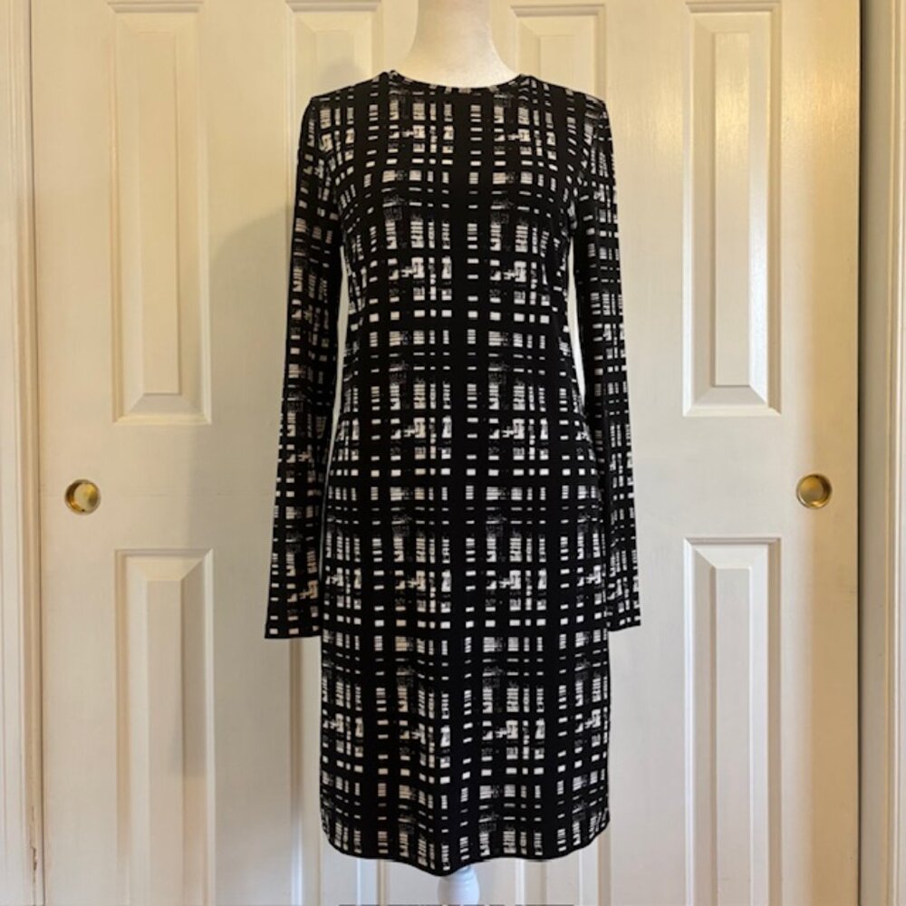 Michael Michael Kors Black/White Geometric Print Long Sleeve Shift Dress Size XS